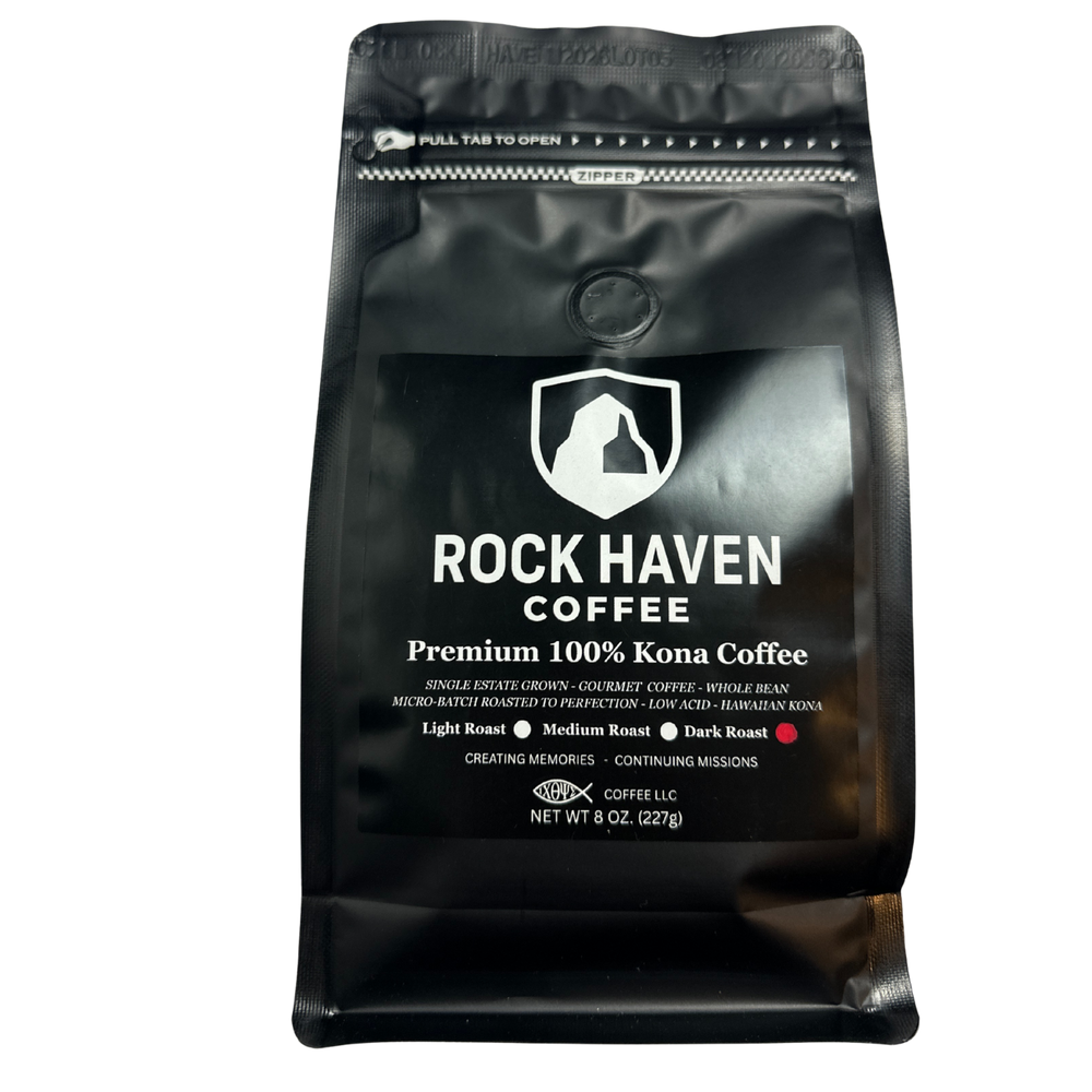 Black coffee bag with 'Rock Haven Coffee' branding on a white background