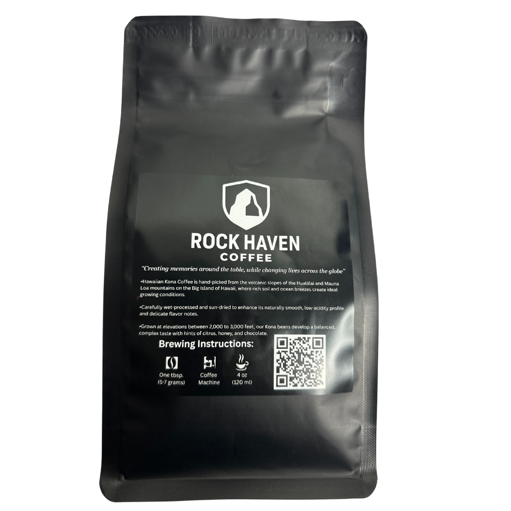 Black coffee bag with 'Rock Haven Coffee' branding on a white background