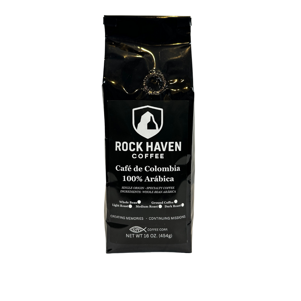 Front Bag - 16oz - Rock Haven Coffee Smaller Black coffee bag with 'Rock Haven Coffee' branding on a white background