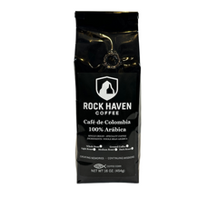 Front Bag - 16oz - Rock Haven Coffee Smaller Black coffee bag with 'Rock Haven Coffee' branding on a white background