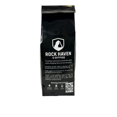 Back Bag - 16oz - Rock Haven Coffee Smaller Black coffee bag with 'Rock Haven Coffee' branding on a white background
