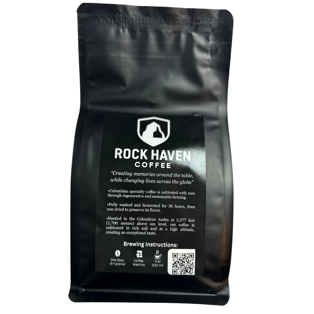 Black coffee bag with 'Rock Haven Coffee' branding and text on a white background