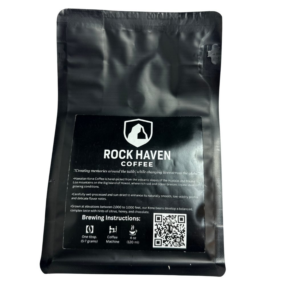 Black coffee packaging with 'Rock Haven Coffee' branding and brewing instructions.