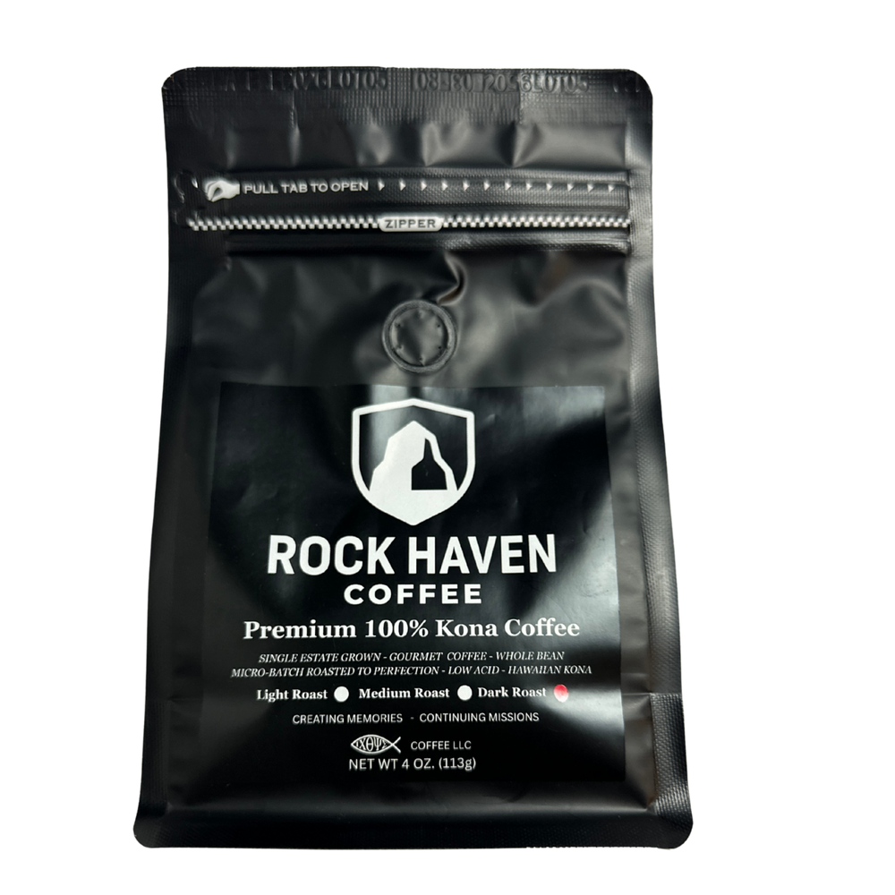 Black coffee bag with 'Rock Haven Coffee' branding on a white background