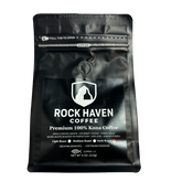 Black coffee bag with 'Rock Haven Coffee' branding on a white background