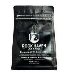 Black coffee bag with 'Rock Haven Coffee' branding on a white background