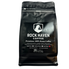 Black coffee bag with 'Rock Haven Coffee' branding on a white background