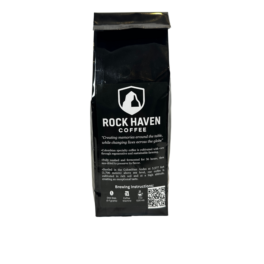Back Bag - 16oz - Rock Haven Coffee Smaller Black coffee bag with 'Rock Haven Coffee' branding on a white background
