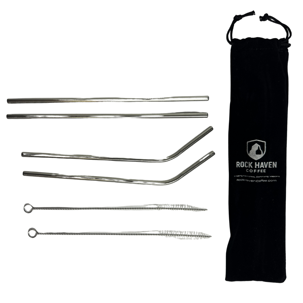 Set of metal straws with a black drawstring bag featuring Rock Haven Coffee branding on a white background.