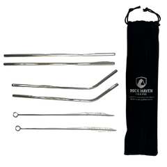 Set of metal straws with a black drawstring bag featuring Rock Haven Coffee branding on a white background.