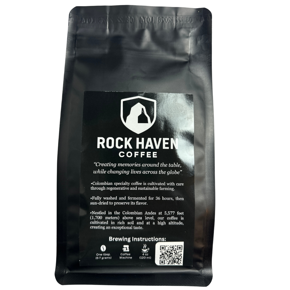Black coffee bag with 'Rock Haven Coffee' branding and text on a white background