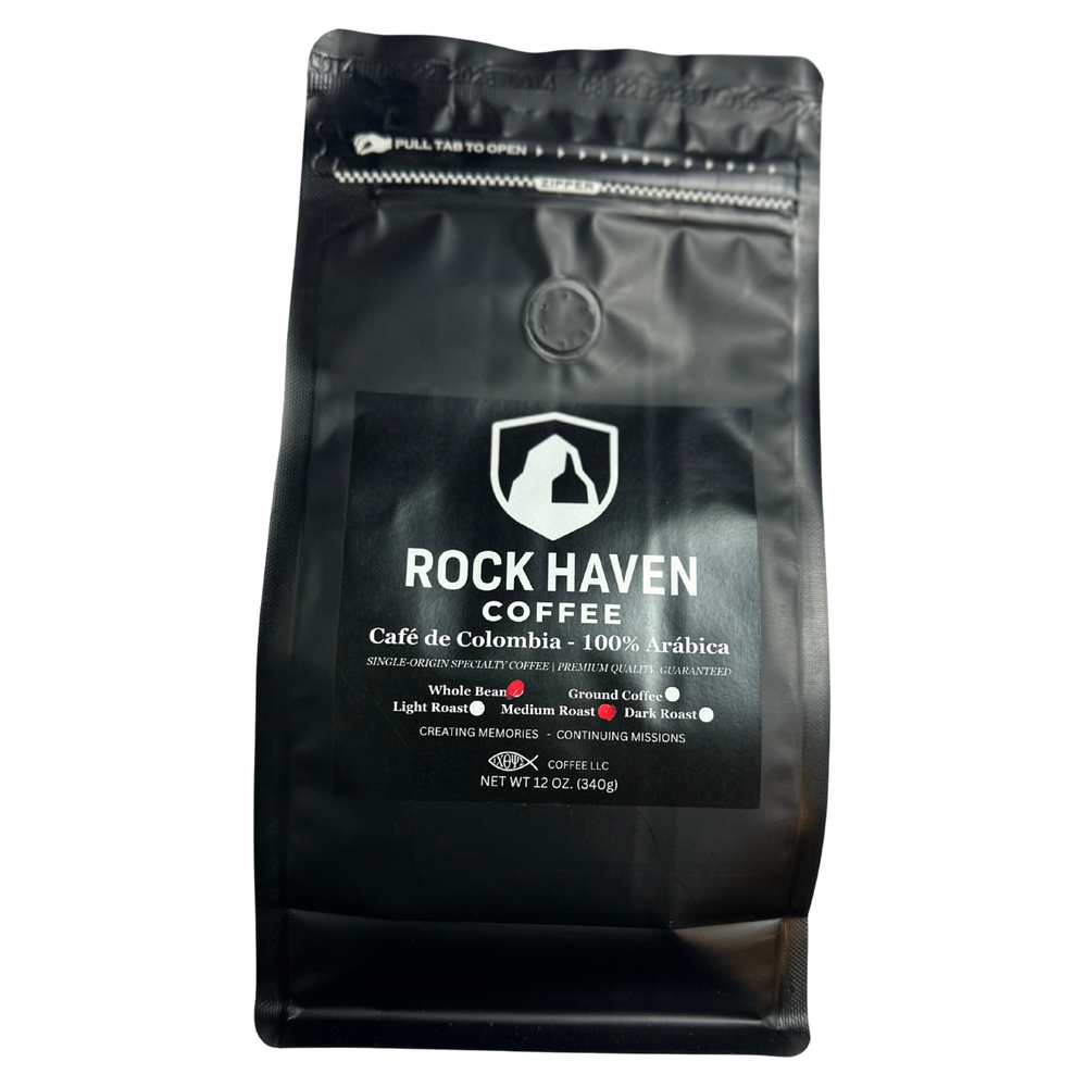 Black coffee bag with 'Rock Haven Coffee' branding on a white background