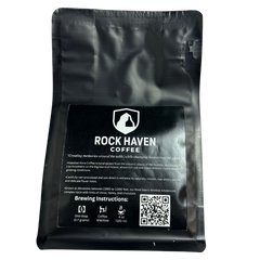 Black coffee packaging with 'Rock Haven Coffee' branding and brewing instructions.